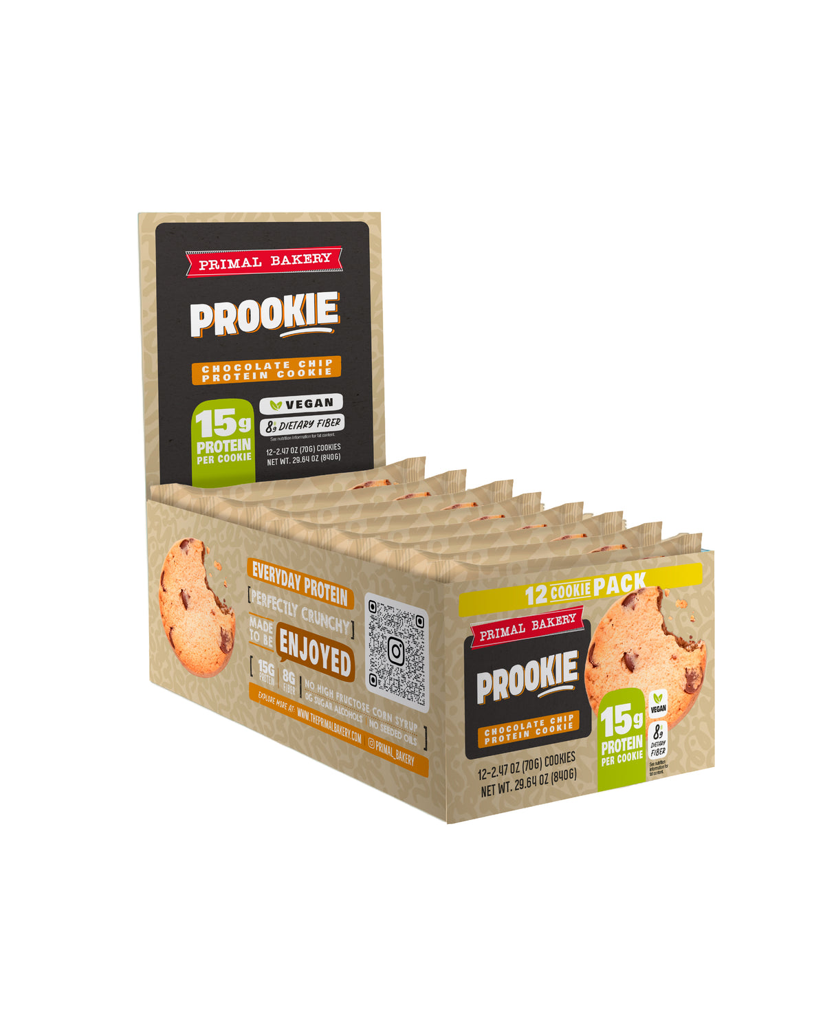 Primal Bakery Prookie Chocolate Chip Protein Cookie 12-pack retail display box with individually wrapped cookies, 15g protein and 8g dietary fiber per cookie