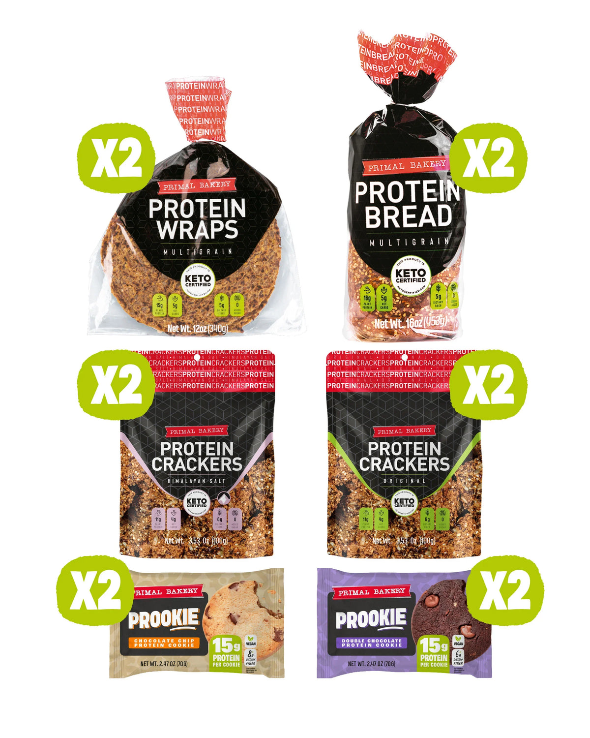 Primal Bakery protein bread, wraps, original crackers, Himalayan salt crackers, chocolate chip prookie, double chocolate prookie.