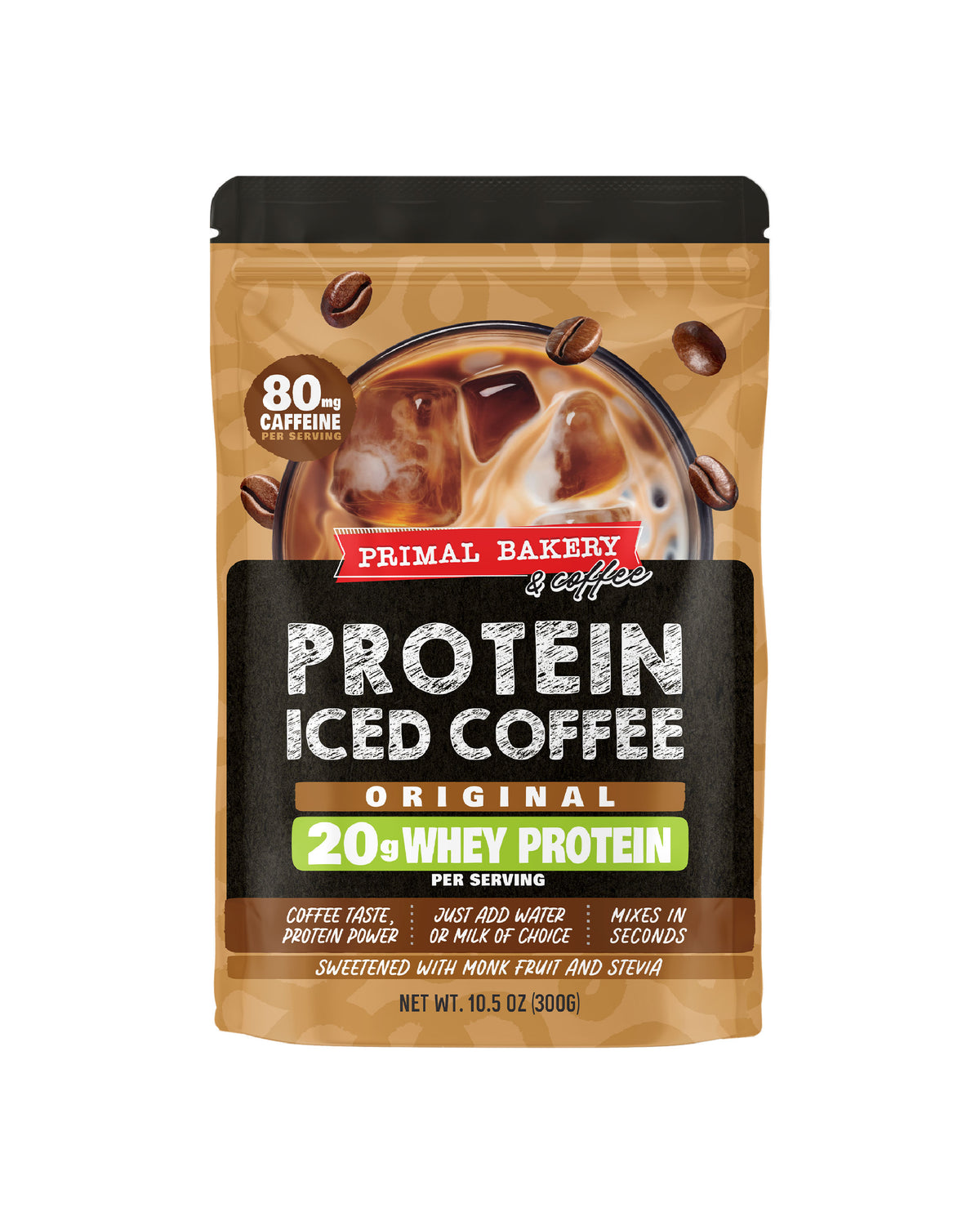 Primal Bakery Protein Iced Coffee in a 10.5 oz stand-up pouch. Original Flavor
