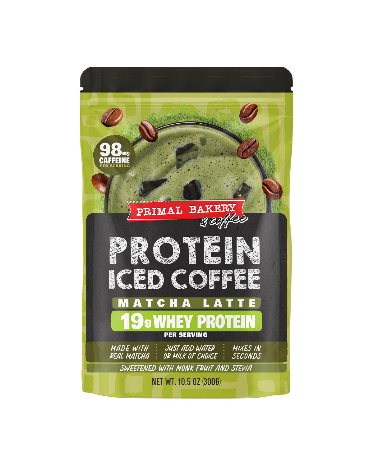 Primal Bakery Protein Iced Coffee Matcha Latte in a green and black resealable pouch with a black lid, shown on a plain white background.