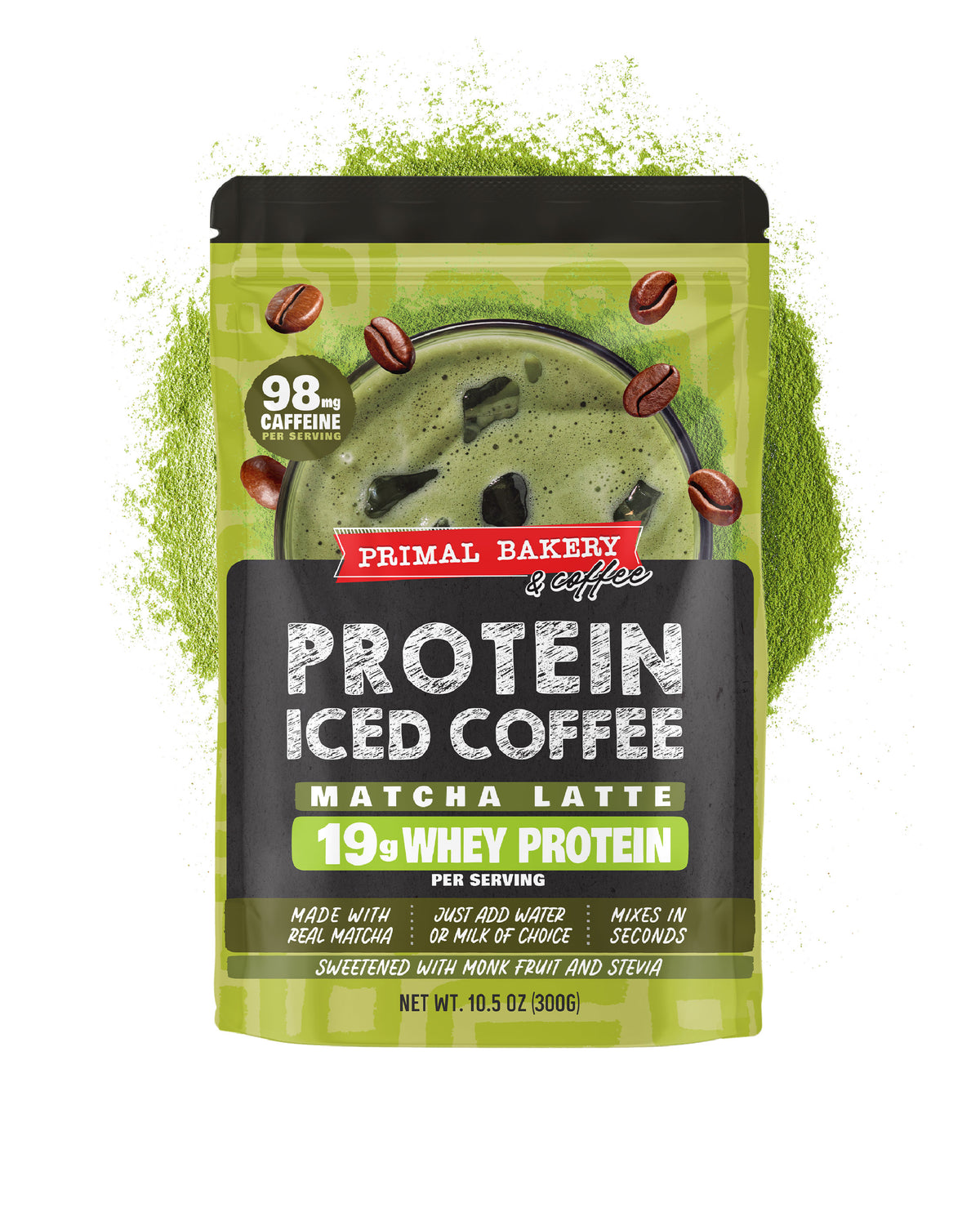 Primal Bakery Protein Iced Coffee Matcha Latte pouch in a bright green color with a black lid and label, shown on a white background with a green powder splash behind it.