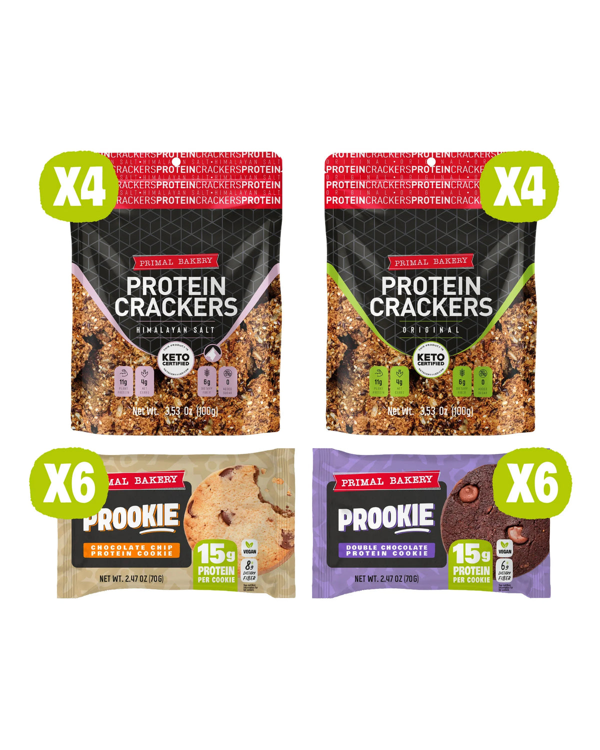 Two Primal Bakery Protein Crackers (Original & Himalayan salt) and Two Primal Bakery Protein Cookies (Chocolate Chip & Double Chocolate)
