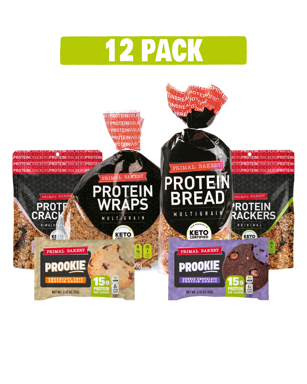 Primal Bakery protein bread, wraps, original crackers, Himalayan salt crackers, chocolate chip prookie, double chocolate prookie.