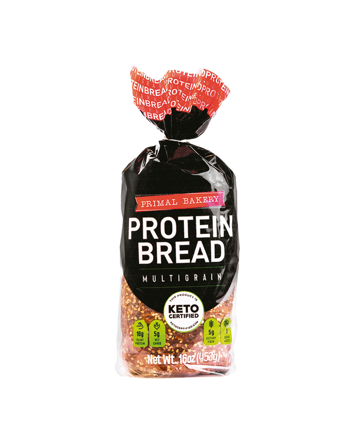 Primal Bakery Multigrain Protein Bread package with 16g plant protein, 5g net carbs, 5g dietary fiber, and 0g added sugar per serving.
