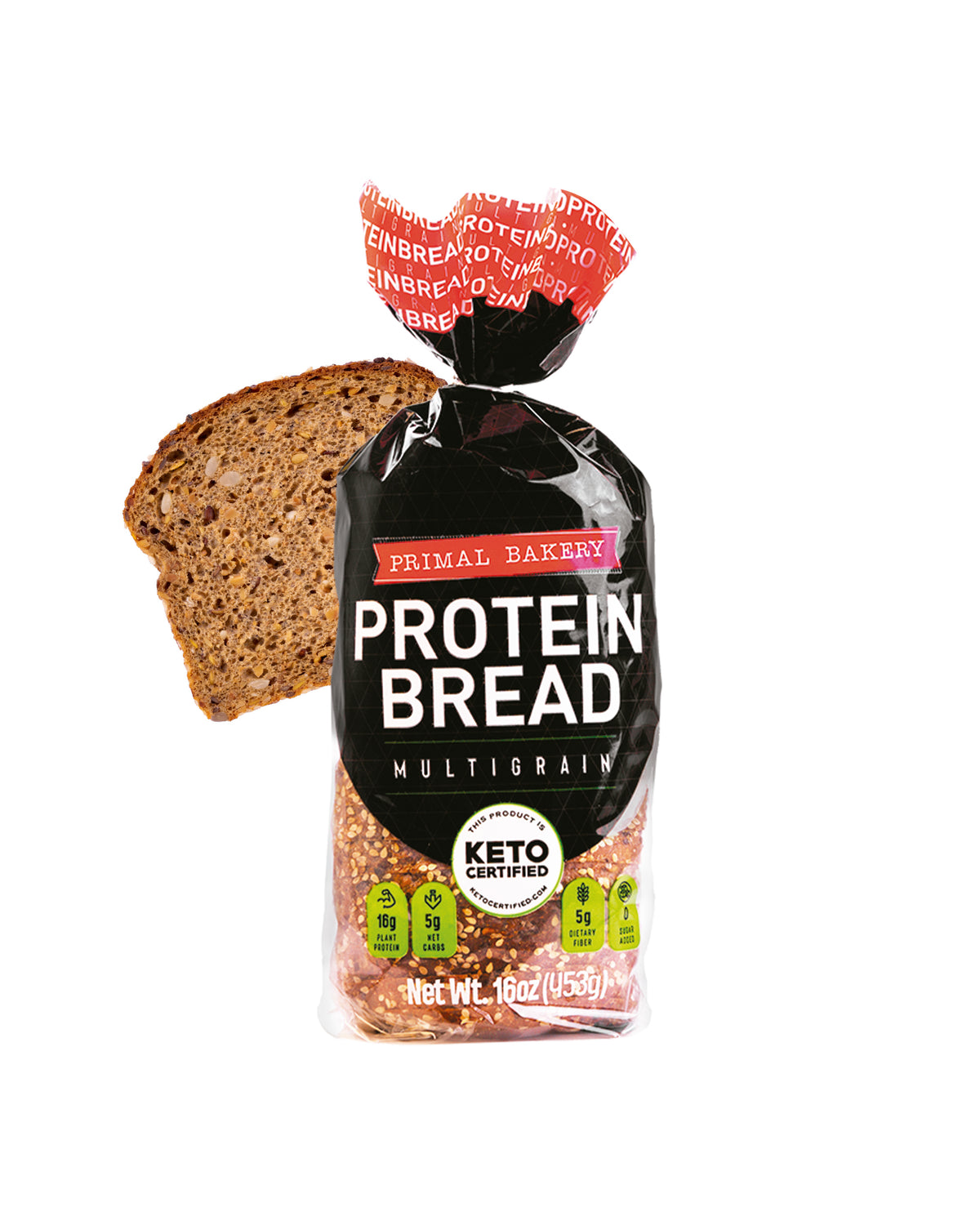 Primal Bakery Multigrain Protein Bread package with a slice of seeded bread shown behind it.