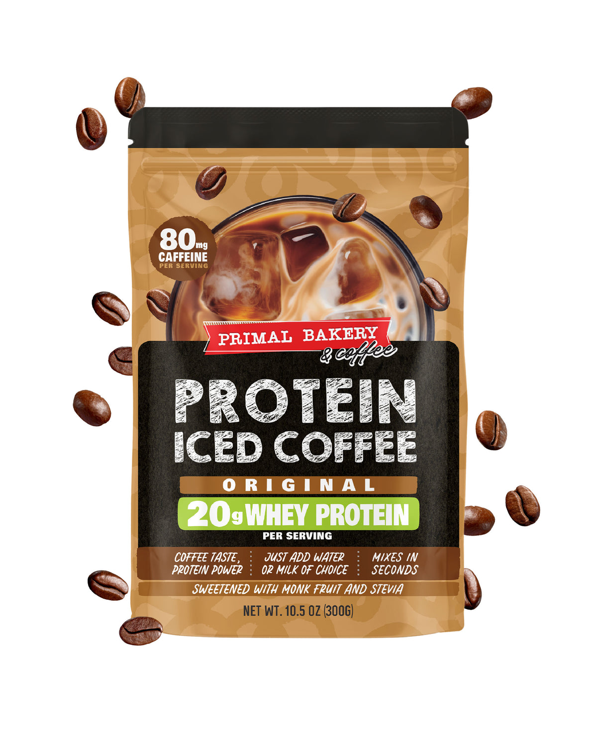 Primal Bakery Protein Iced Coffee Original in a 10.5 oz stand-up pouch, shown on a white background with scattered coffee beans around it.