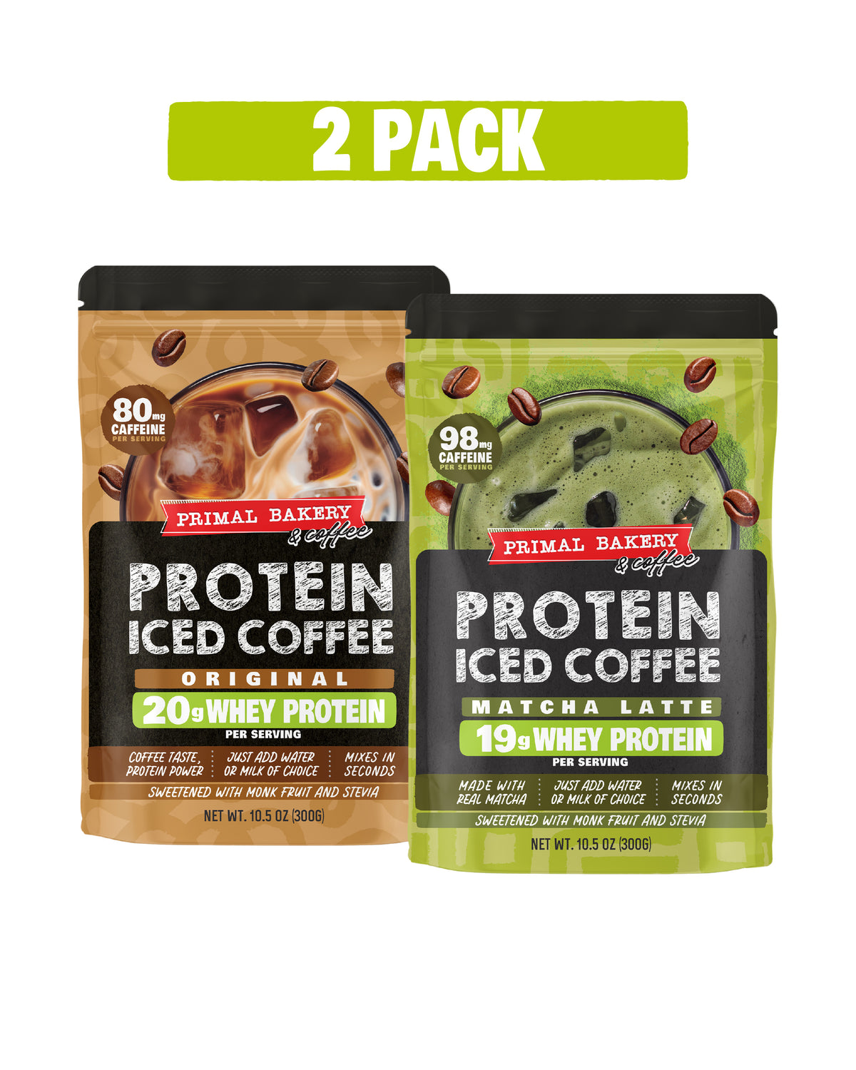 Primal Bakery Protein Iced Coffee 2-pack featuring Original and Matcha Latte. Original has 20g whey protein and 80mg caffeine per serving; Matcha Latte has 19g whey protein and 98mg caffeine per serving.