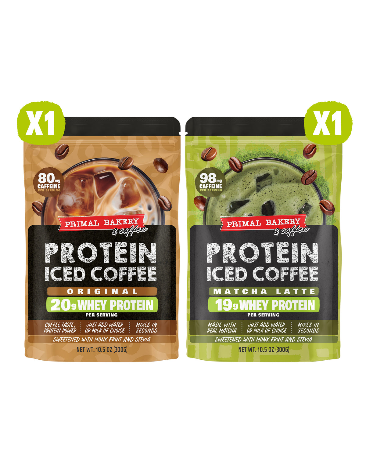 Primal Bakery Protein Iced Coffee bundle with 1 Original pouch and 1 Matcha Latte pouch. Original has 20g whey protein and 80mg caffeine per serving; Matcha Latte has 19g whey protein and 98mg caffeine per serving