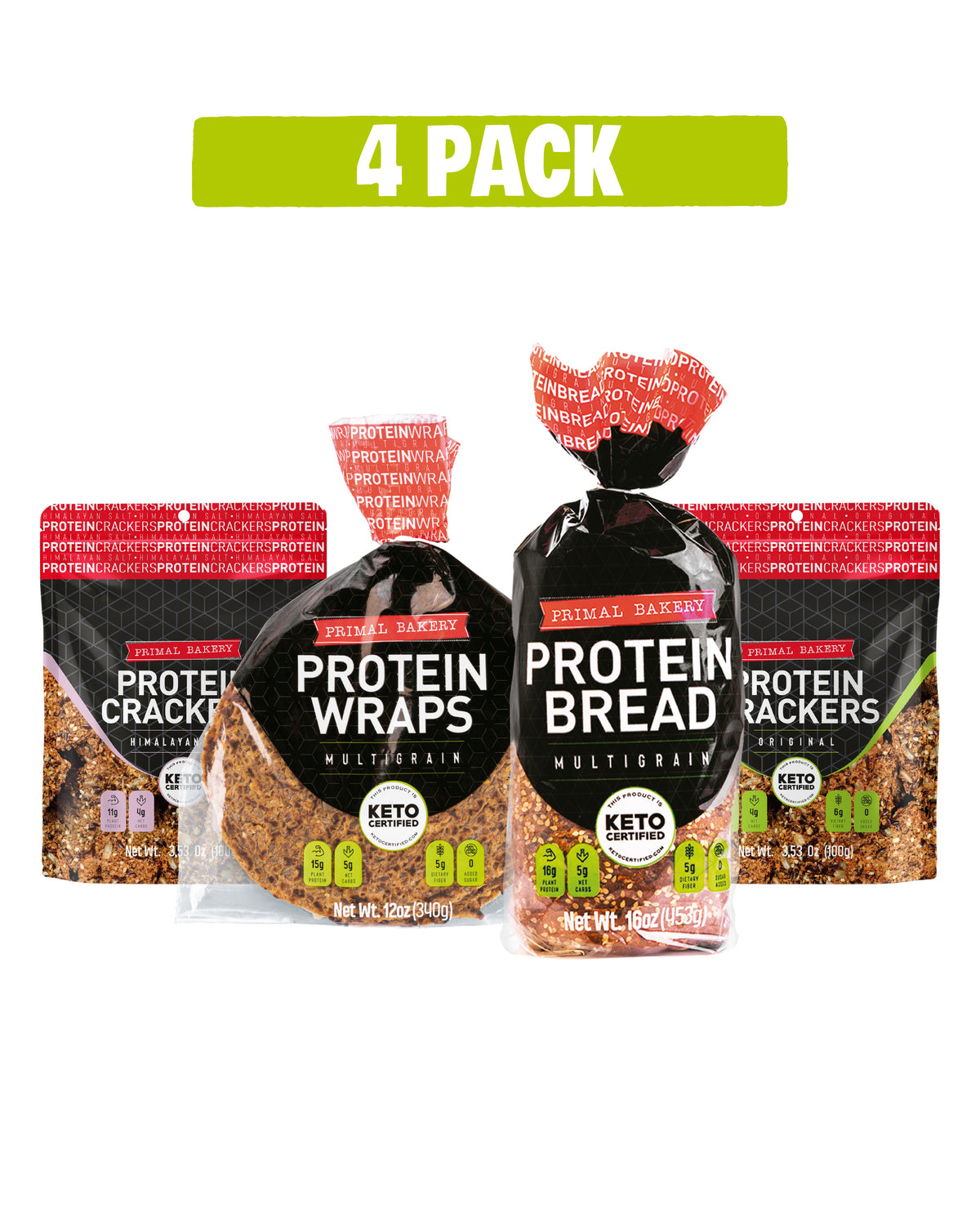 Primal Bakery 4-pack bundle with Protein Bread, Protein Wraps, Himalayan Salt Protein Crackers, and Original Protein Crackers.