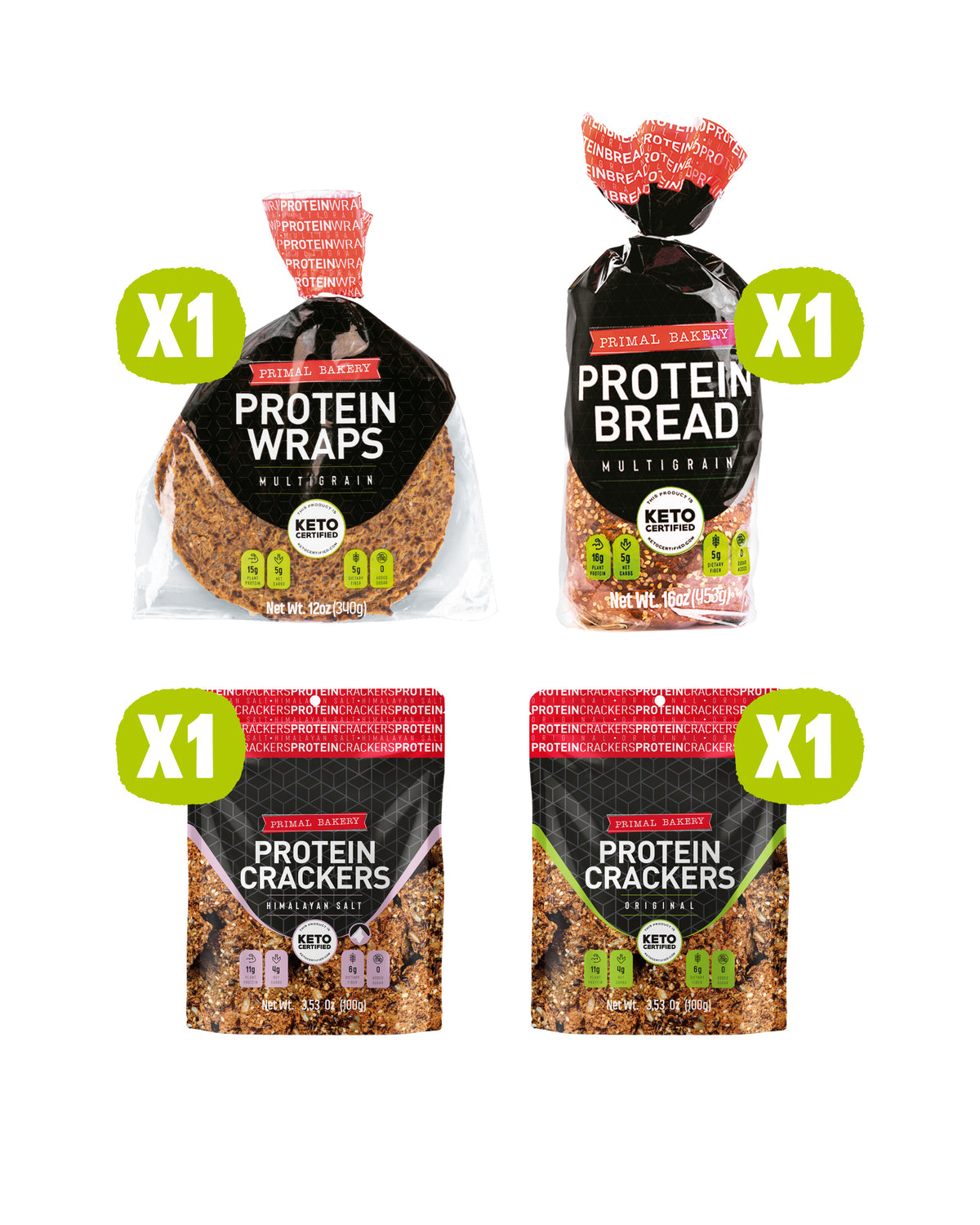 Primal Bakery 4-pack bundle with 1 Protein Wraps pack, 1 Protein Bread loaf, 1 Himalayan Salt Protein Crackers pack, and 1 Original Protein Crackers pack.