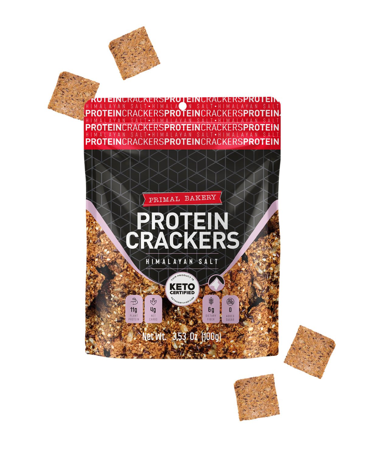 Primal Bakery Himalayan Salt Protein Crackers package with crackers shown around it. Each serving has 11g plant protein, 4g net carbs, 6g dietary fiber, and 0g added sugar.