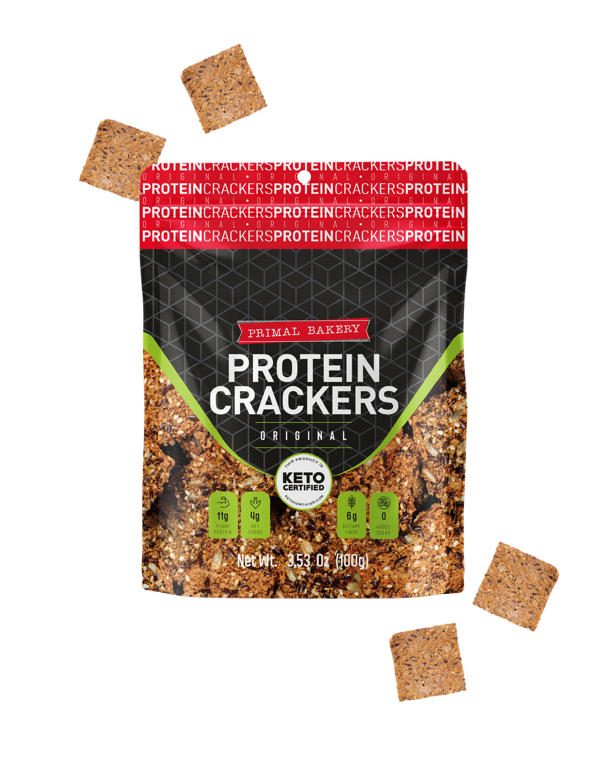 Primal Bakery Original Protein Crackers package with crackers shown around it. Each serving has 11g plant protein, 4g net carbs, 6g dietary fiber, and 0g added sugar.