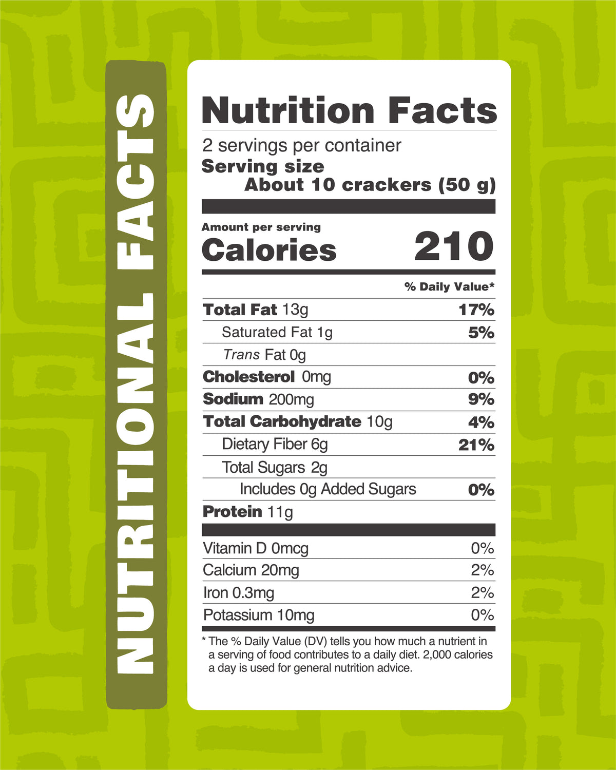 Nutrition facts for Primal Bakery Original Protein Crackers: 210 calories, 11g protein, 6g dietary fiber, 10g total carbohydrates, and 0g added sugar per 50g serving of about 10 crackers.