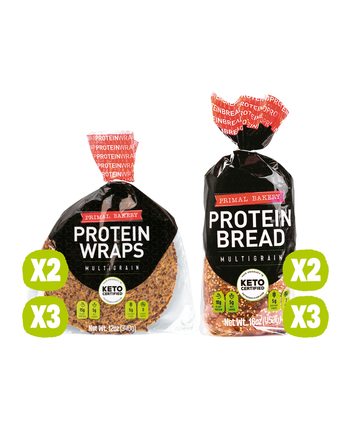 Primal Bakery Protein Bread and Protein Wraps bundle available as either 2 packs of each product or 3 packs of each product.