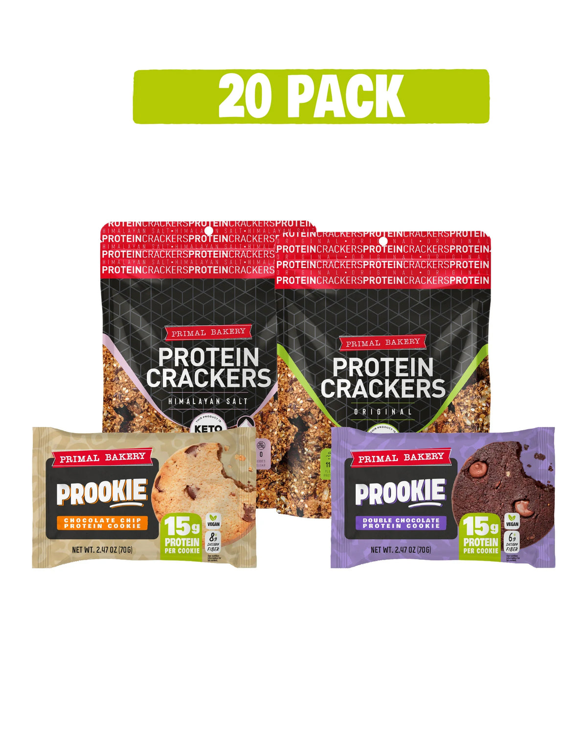 Two Primal Bakery Protein Crackers (Original & Himalayan salt) and Two Primal Bakery Protein Cookies (Chocolate Chip & Double Chocolate)
