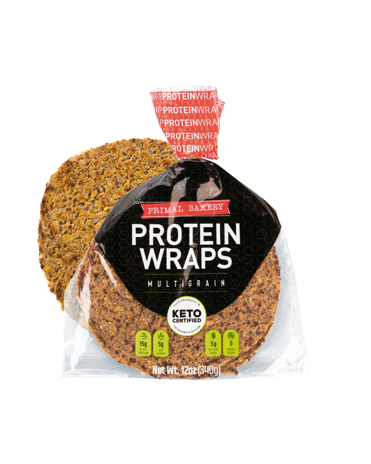 Primal Bakery Multigrain Protein Wraps package with one wrap shown behind it. Each wrap has 15g plant protein, 5g net carbs, 5g dietary fiber, and 0g added sugar.