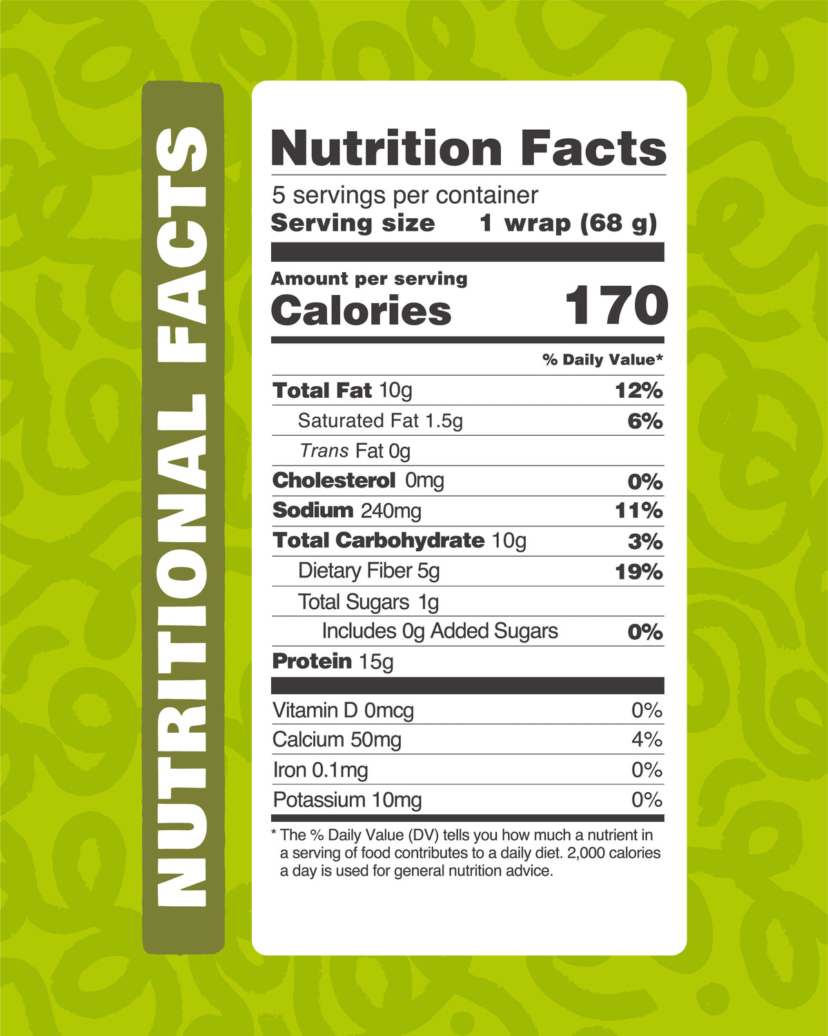 Nutrition facts for Primal Bakery Protein Wraps: 170 calories, 15g protein, 5g dietary fiber, 10g total carbohydrates, and 0g added sugar per 68g wrap.